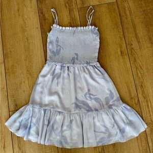 Aritzia Wilfred Tempest Mini Dress XS Smocked Tiered Chiffon Gray/Blue Botanical